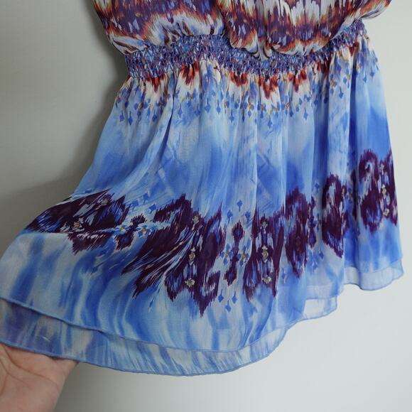 Guess Blue Multicolor Short Mini Boho Flutter Sleeve Blouson Dress Size Large - Picture 4 of 9